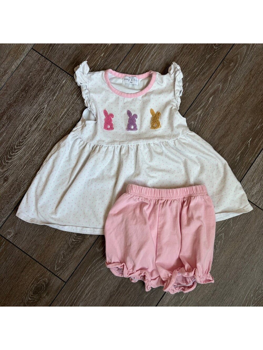 Abby & Evie Easter Bunny Appliqué Dress & Bloomers Set 24M